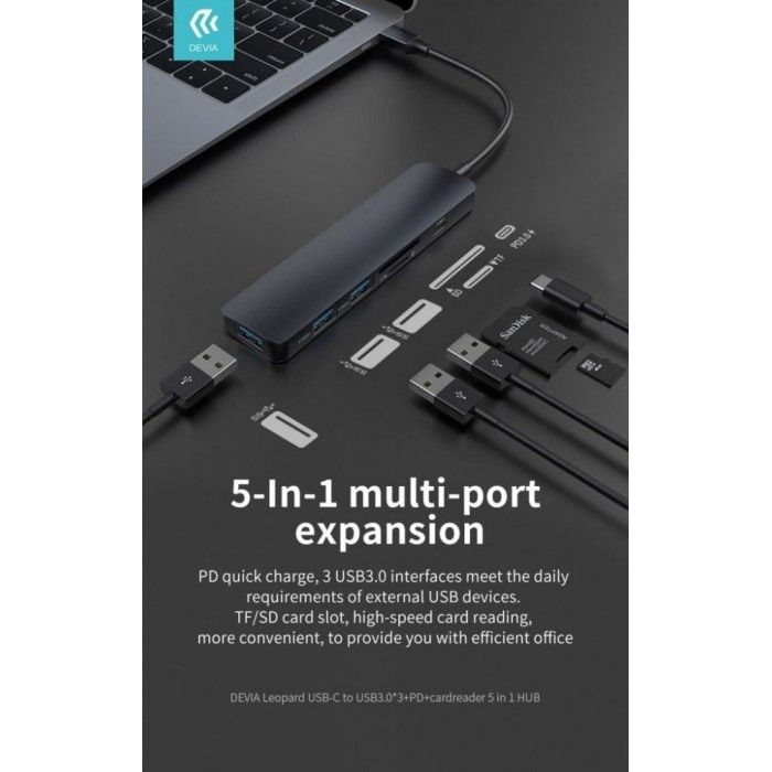 Leopard Type-C To USB3.0 * 3 + PD + Card reader 5 In 1 HUB