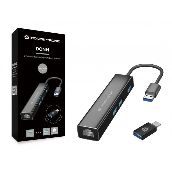 Donn 3-Portas USB Hub c/ Gigabit Network Adaptador incl USB-C-USB-A Converter