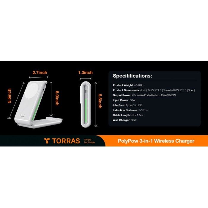 Carregador Torras Polypow 3-in-1 Wireless Charging Pad
