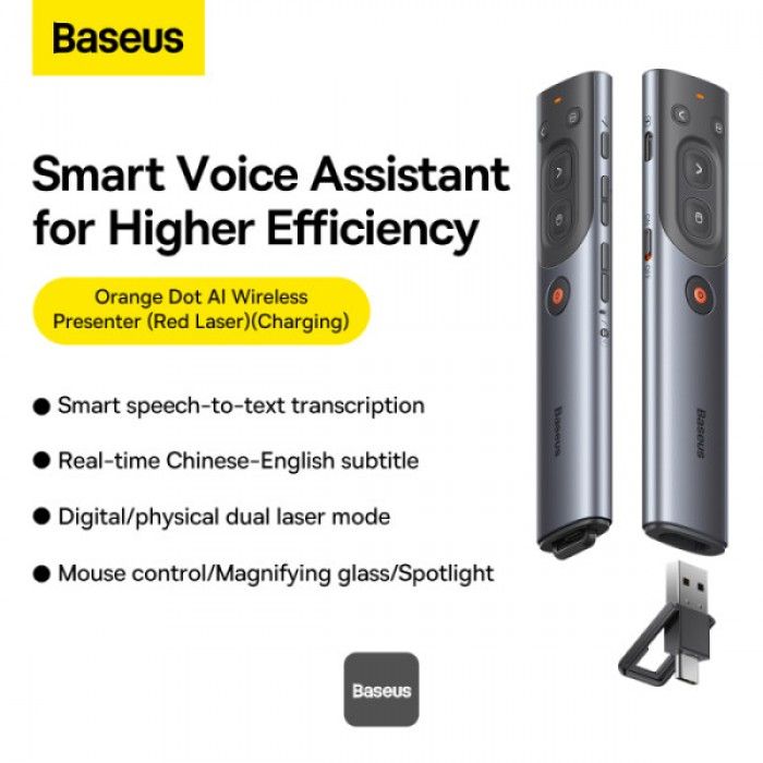 Baseus Orange Dot Ai Wireless Presenter Red Laser Grey
